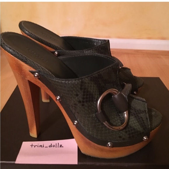 GUCCI NWT Olive Green Python Platform Wood Clogs Very Rare 💕NEW IN BOX - Picture 9 of 10